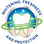 Sparkling tooth surrounded by the text: Whitening, Freshness, and Protection.