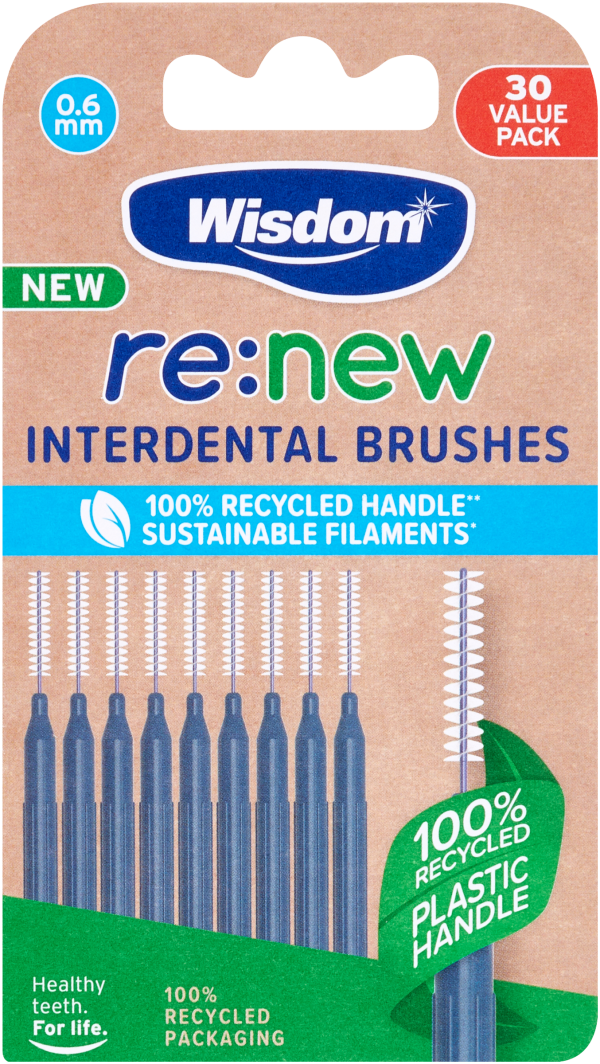 Wisdom re:new Interdental Brushes - 0.6mm Blue in packaging