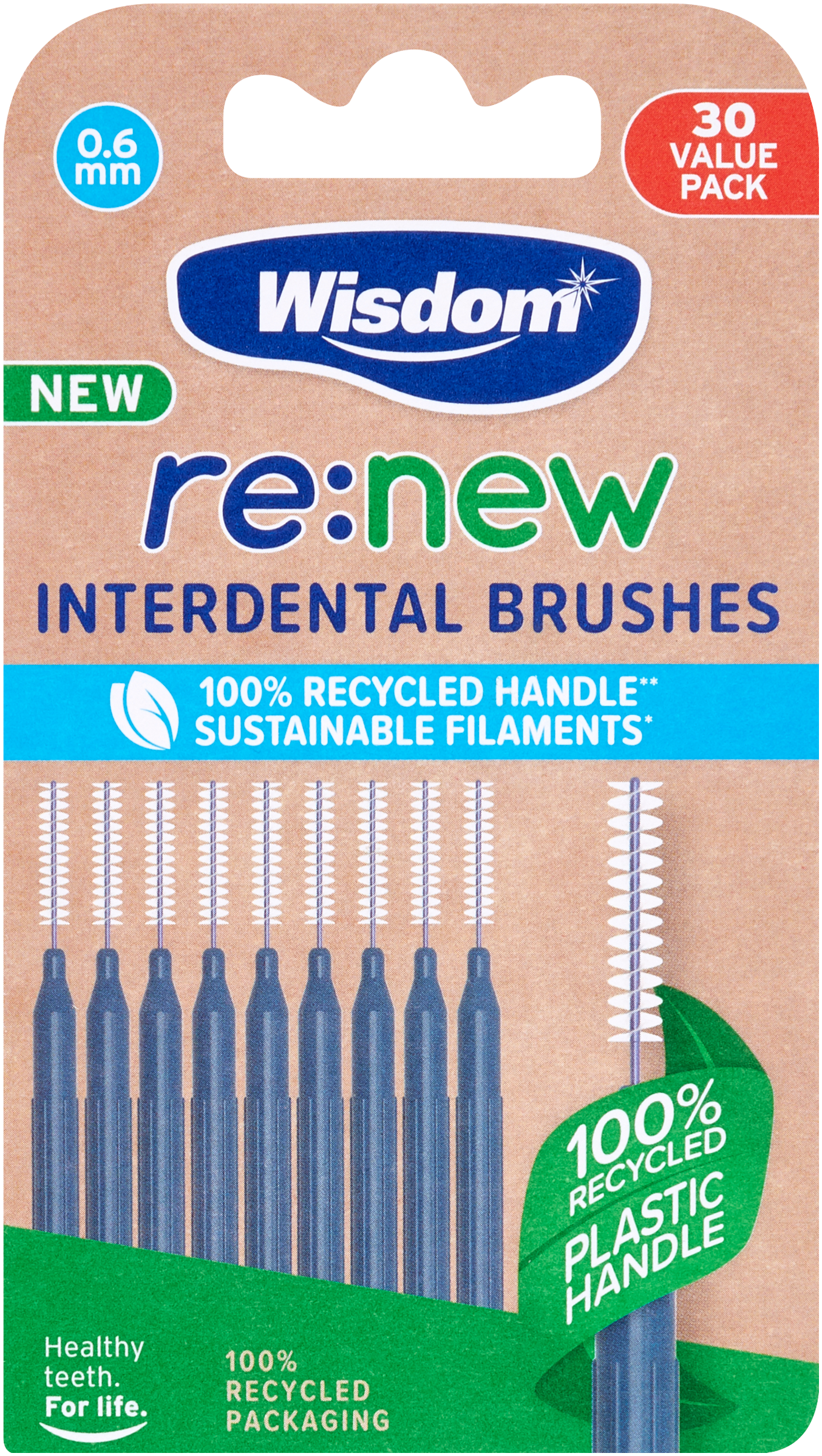 Wisdom re:new Interdental Brushes - 0.6mm Blue in packaging